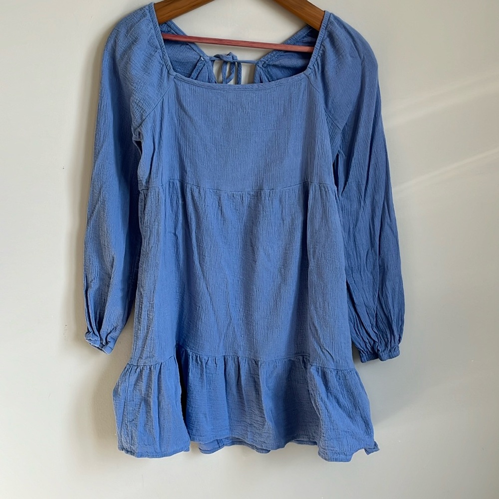 Kenedik Blue Cotton Long Sleeve Square Neck Tiered Mini Dress Size L